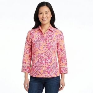 IZOD Stretch Tropical Floral Button Down Long Sleeve Shirt Pink Orange Small